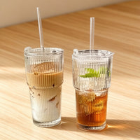 Premium Lead-Free Crystal Vertical Striped Stackable Tumbler Glass with Lid & Glass Straw