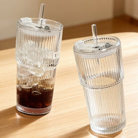 Premium Lead-Free Crystal Vertical Striped Stackable Tumbler Glass with Lid & Glass Straw