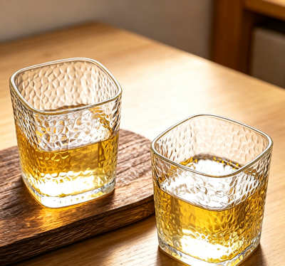 Premium Lead-Free Crystal Hammered Square Whiskey Tumbler Glass
