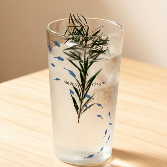 Premium Lead-Free Clear Glass Cute Blue Fish Print Straight Iced Drink Tumbler